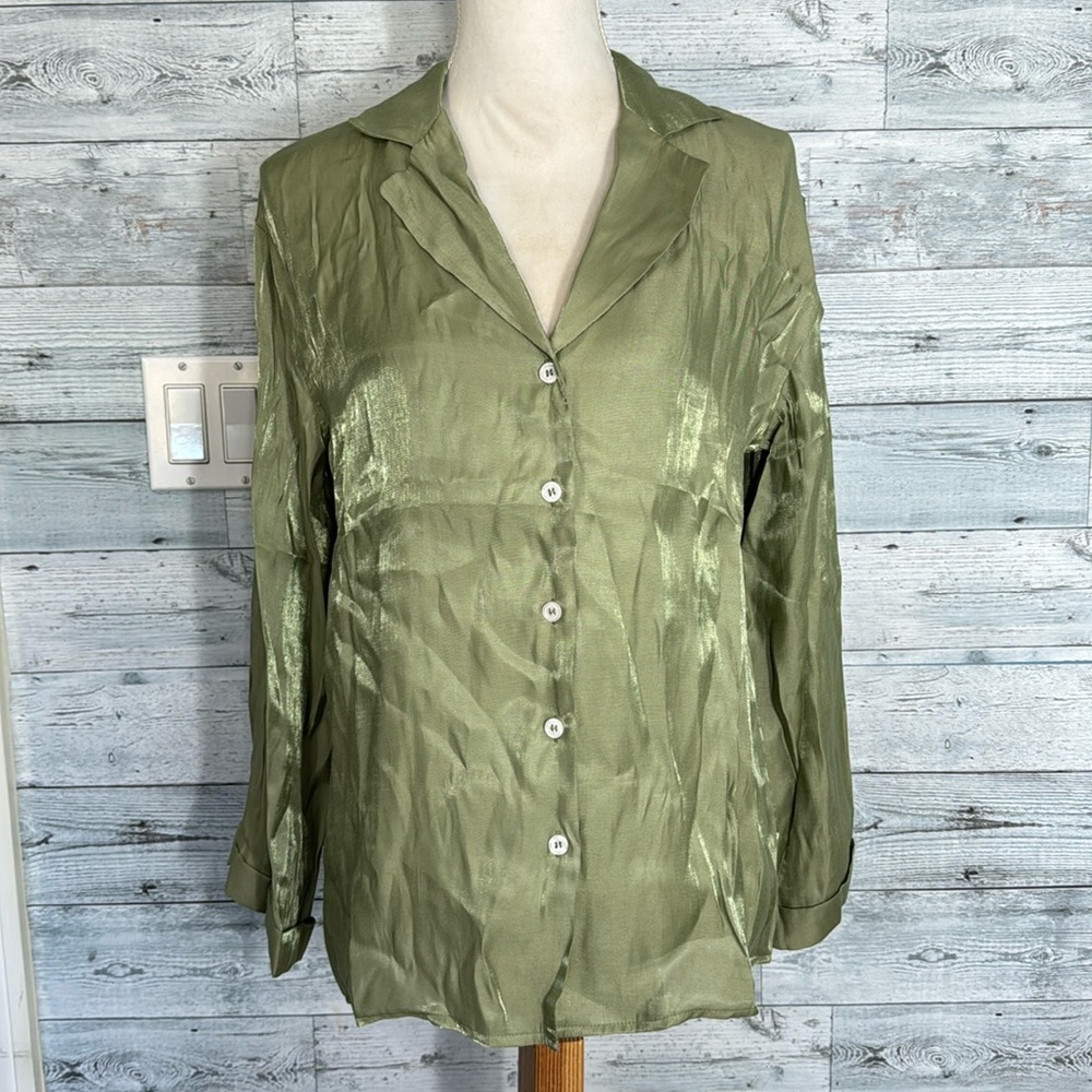 Commense Olive Green Satin Button-Up Blouse